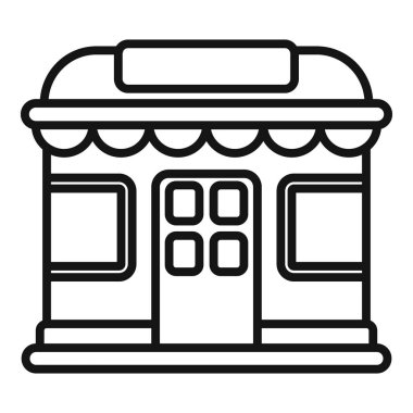 Tenteli küçük bir işletme mağazasının ön cephesinin basit siyah beyaz simgesi