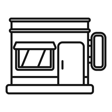 Penceresi, kapısı ve tabelası olan küçük bir kafe binasının basit çizimi.