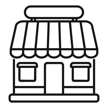 Çizgili tente tabelası olan küçük bir dükkan vitrininin basit çizimi