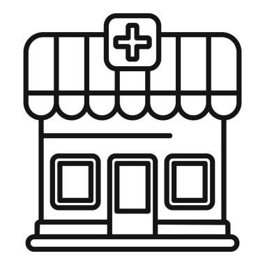 Eczane önü pencereli ve güneşlikli bir eczane binasının basit çizimi.