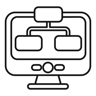 Bir bilgisayar monitörünün veri analizini temsil eden, akış şemasını gösteren basit, net çizgi simgesi