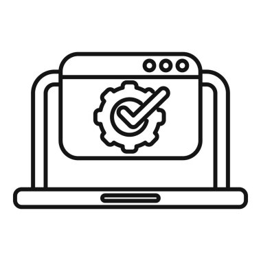 Laptop, başarılı bir sistem güncellemesini temsil eden işaretli dişli simgesi olan bir web sayfası gösteriyor