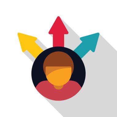 Genç adam kariyer yolunu seçiyor, beyaz arka planda düz bir şekilde karar ikonu yapıyor.