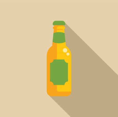 Yeşil etiketli sarı cam bira şişesi bej arka planda uzun bir gölge bırakıyor.