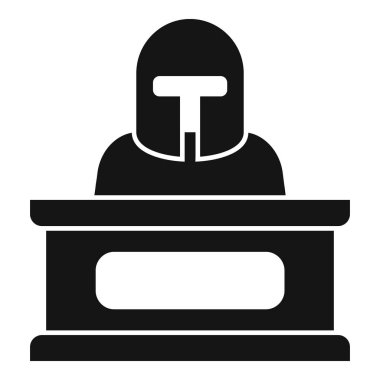 Ortaçağ şövalye heykelinin siyah silueti, beyaz arka planda izole bir şekilde podyumda duruyor.