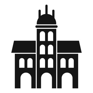 Kemerleri ve kulesi olan bir belediye binasının siyah silueti.