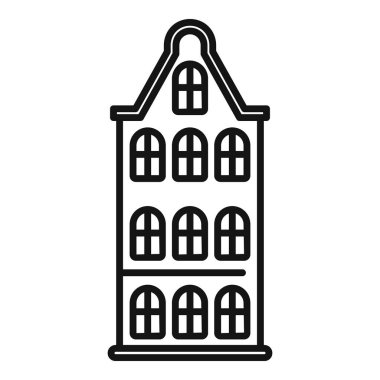 Yüksek, dar, kemerli pencereleri ve dik çatısı olan Avrupa tarzı bir binanın basit çizimi