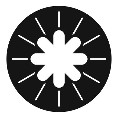 Yuvarlak bir düğmenin siyah beyaz simgesi sekiz yapraklı soyut bir çiçeği gösteriyor