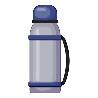 Klasik mavi metal termos şişesi içkinizi sıcak tutar. Açık hava aktiviteleri ve maceralar için mükemmeldir.