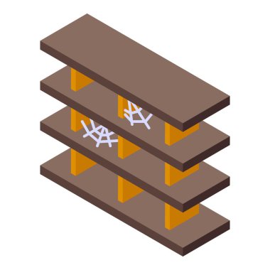 Eski ahşap kitaplık raflarında hiçbir şey yok, örümcek ağlarıyla kaplı.