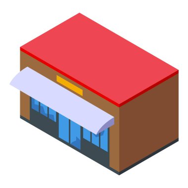 Kırmızı çatılı izometrik ikona sahip modern dükkan binası, dükkan dışı.