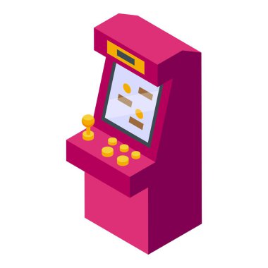 Retro atari oyunu, oyun çubuğu ve düğmeleri ile oynayan ekranı izometrik görünüm ile gösterir
