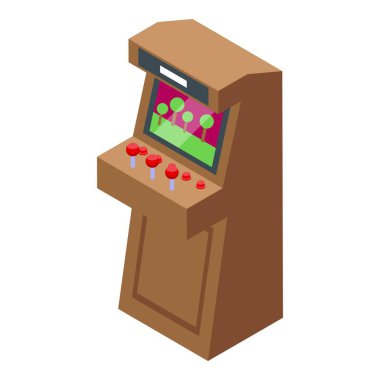 Oyun makinesinin joystickli ve düğmeli hali bir ekran üzerinde piksellenmiş peyzaj görüntülüyor