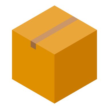 İzometrik bir görüntüde ayakta duran basit mühürlü karton kutu görülüyor