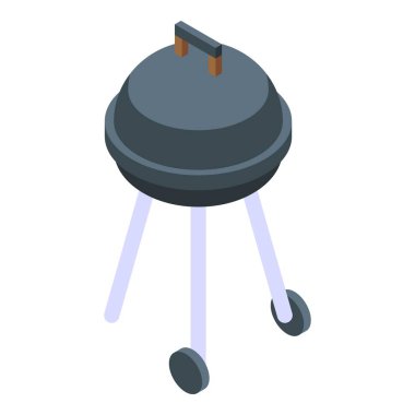 Modern çaydanlık ızgarası üç ayaklı beyaz arka planda izometrik tekerlek manzaralı.