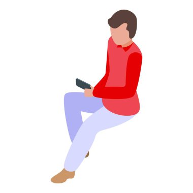 Genç adam bacak bacak üstüne atmış, akıllı telefon ikonu kullanıyor.