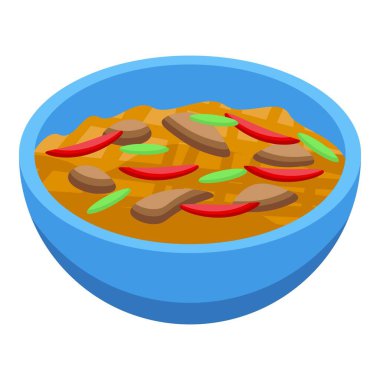 Bir kase Asya çorbası, et, erişte, mantar, kırmızı acı biber ve yeşillik.