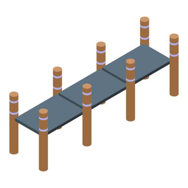 Tahta direkler tarafından desteklenen, su üzerinde uzanan Isometric ahşap iskele