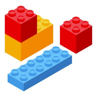 Beyaz arkaplanda izole edilmiş bir duvar izometrik çizimi oluşturan renkli oyuncak tuğlaları
