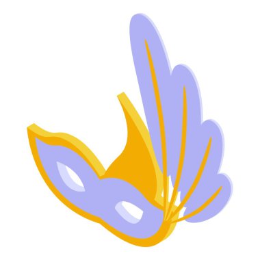 Tüylü mavi ve sarı karnaval maskesi izometrik ikon, parti konsepti