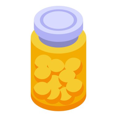 Yuvarlak sarı vitaminlerle dolu cam kavanoz masanın üzerinde duruyor ve günlük dozunu almaya hazır.