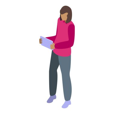 Genç bir kadın ayakta ve tablet kullanıyor, muhtemelen internette geziniyor ya da online alışveriş yapıyor.