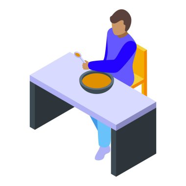 Elinde kaşık tutan genç adam, masada oturuyor ve kaseden çorba içiyor.