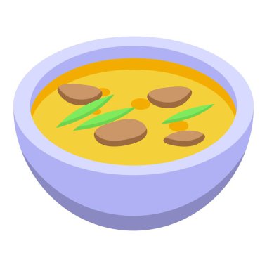Bir kase izometrik ikonda otlu ve mantarlı Aromatik çorba, her amaç için harika bir tasarım.