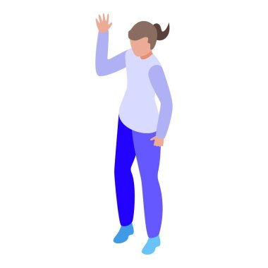 Genç bir kadın el sallayarak izometrik simgeye merhaba diyor.