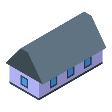 Beyaz arkaplanda gri çatı izometrik ikonu olan uzun katlı bir ev