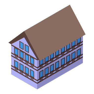 Kahverengi çatılı ve ahşap çerçeveli geleneksel bir Alman evinin Isometric projeksiyonu