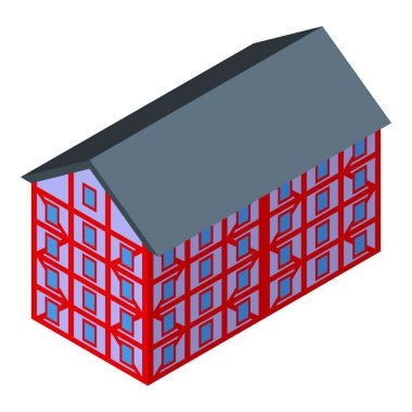 Kereste çerçeveli ve pencereli Isometric bina, rahat ve geleneksel bir mimari stil yaratıyor