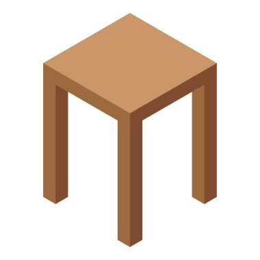 Dört ayaklı, kare koltuklu basit kahverengi ahşap tabure, izometrik ikon için mobilya