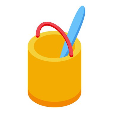 Kırmızı saplı sarı kum kovası ve içinde mavi kürek, eğlenceli bir yaz aktivitesini gösteriyor.