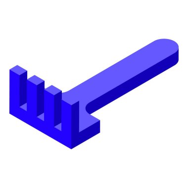 Mavi bahçe tırmığı beyaz arka planda metal dişlerle yatar. 3D izometrik manzara.