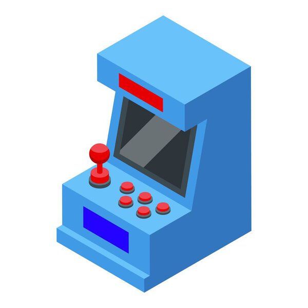 Blue retro arcade game machine displaying playing screen with joystick and round buttons