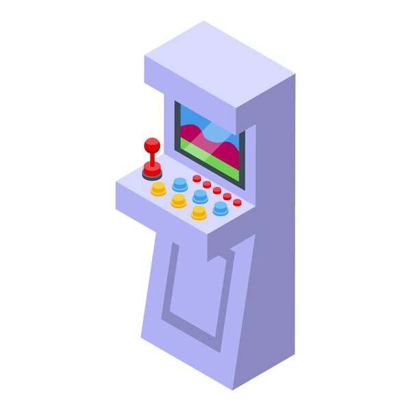 Arcade game machine with a joystick and buttons, displaying colorful pixels, is shown in this isometric illustration