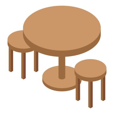 Yuvarlak ahşap masa ve beyaz zemin üzerine kurulmuş tabureler, izometrik görünüm