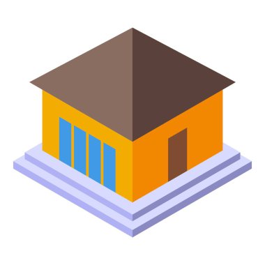 Mimari görselleştirmeler için uygun, kahverengi çatılı, modern sarı bir binanın Isometric projeksiyonu