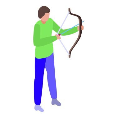Genç erkek atlet okçuluk çalışıyor, bu izometrik ikonda ok ve yayla nişan alıyor.