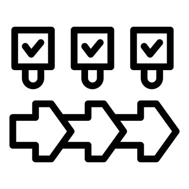 Görevlerin tamamlandığını belirten işaretlerle ilerleyişini gösteren üç adımlı bir iş sürecinin basit simgesi