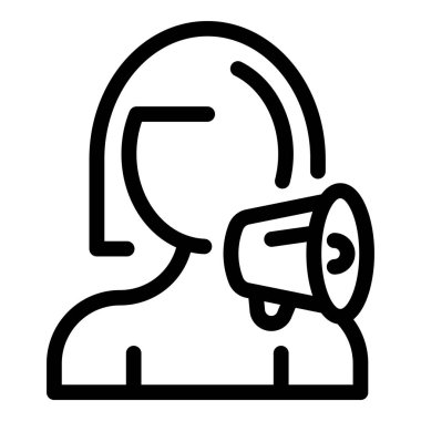 Ağzına megafon tutarak duyuru yapan bir kadının çizgi simgesi.