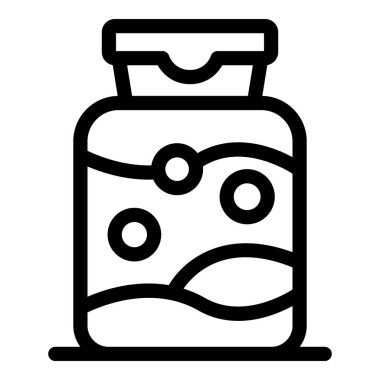 Renkli kimyasal sıvı içeren cam kavanozun çizgi simgesi laboratuvardaki masada duruyor.