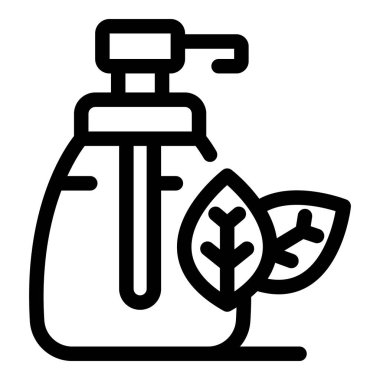 Kozmetik ürün şişesinin çizgi simgesi. Pompa dağıtıcısı ve yaprakları var. Doğal ve çevre dostu malzemeleri çağrıştırıyor.