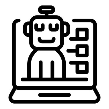 Dost canlısı robot, bilgisayar ekranında veri grafikleriyle sunuluyor. Teknolojide yapay zekayı temsil ediyor.