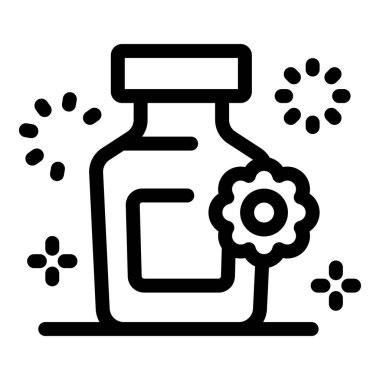 Çiçekli bir ilaç şişesinin çizgili sanat simgesi, doğal çareleri ve sağlık hizmetlerini simgeliyor.