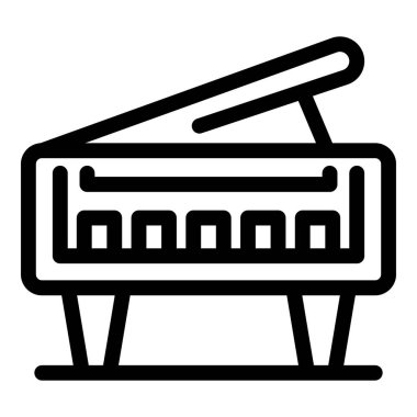 Kapağı açık ve klavyesi açık bir şekilde tahta bacakların üzerinde duran bir piyanonun siyah beyaz çizgisi çizimi