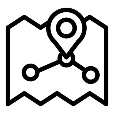 Bir yeri işaretleyen ve bir rotayı veya yolu gösteren çizgileri birleştiren konum iğnesi olan basit, kalın çizgi simgesi