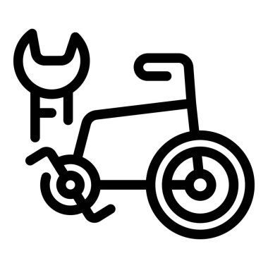 Kırık ön tekeri ve tamir etmeyi sembolize eden ingiliz anahtarı olan bir bisikletin simgesi.