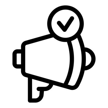 Line art icon of a megaphone with a check mark symbolizing a successful announcement or marketing campaign clipart